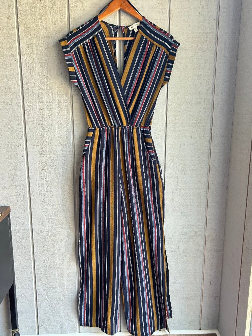 Monteau Striped Slit Leg Jumpsuit V Neck Short Sleeved Multi Stripe Womens Sz S
